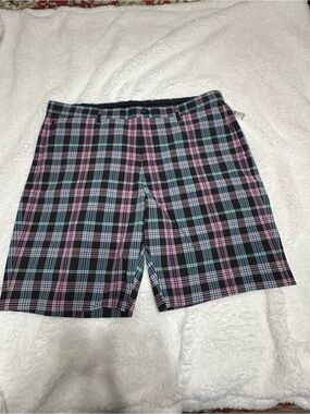 Men’s Plaid Flat-Front Shorts – Black with Pink & Blue
